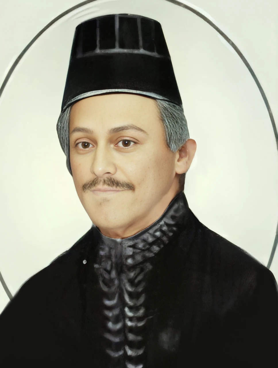 Indonesian Muslim man, aged 40 years or over, brown skin with a few wrinkles, wears very detailed Kanigaran type clothing from ancient Islamic kings, clear eyes, clean skin, long, slightly thick mustache, small sharp nose, thin lips, very realistic image. Quality HD.