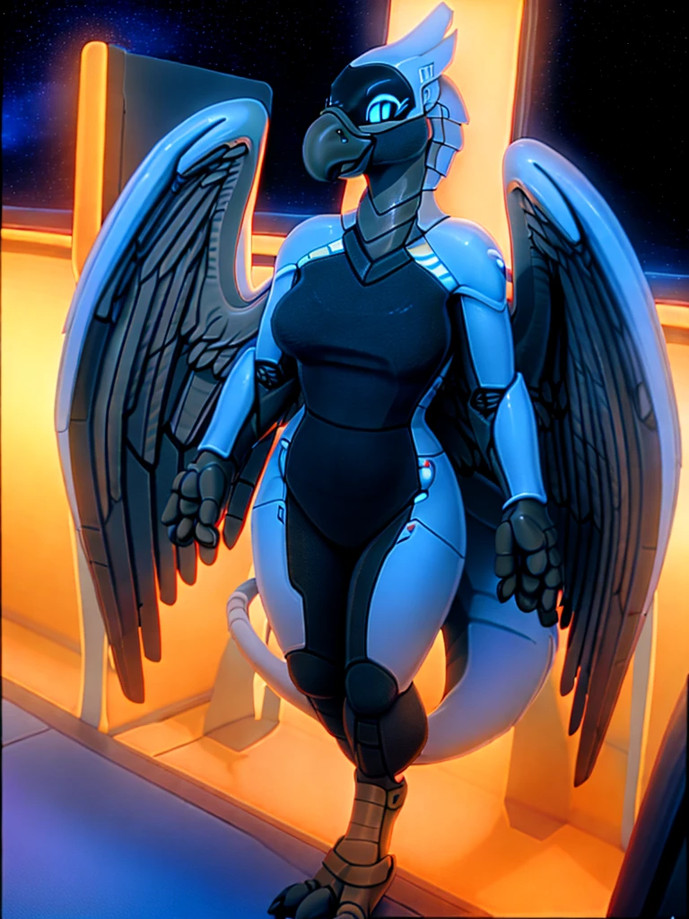 (masterpiece:1.2), best quality, (detailed warm ambient lighting), (cinematic lighting), (high resolution), furry commission, perfect anatomy, (female anthro synth), (gryphon, avian), soft, curvy, medium breasts, science fiction, (detailed background), solo female, elegant, wings on back, (beautiful), standing, friendly, shiny, black, glowing ,detailed full body picture