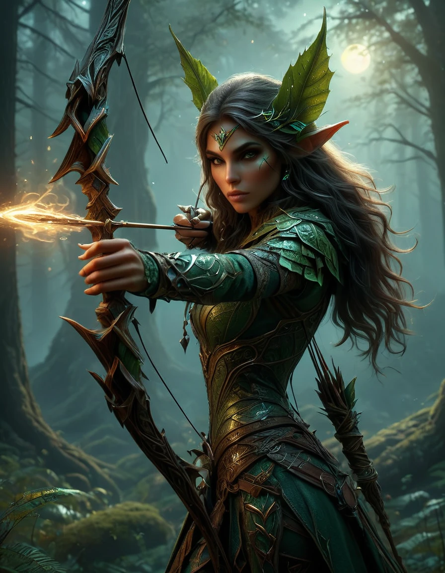 wood elf hunter, female focus, tree spirit symbols and patterns, dark ethereal fantasy forest at night, (holding an elf bow: 1.5), full shot, ((looking at viewer:1.2), (from side:0.8)), full armor, athletic, volumetric lighting dynamic lighting, real shadows, vibrant contrasting colors, style of Stephen Hickman and Stan Manoukian, ultra realistic, masterpiece, high quality, highres, sharp focus, intricate, sharp details, highly detailed, rich color, 8K,