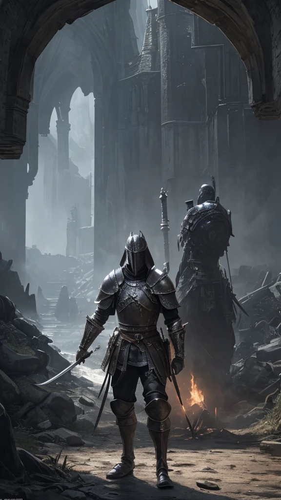 (8k unit wallpaper CG extremely detailed, masterpiece, best quality, ultra-detailed), (((solo))), ((wide shot:1.5)), (a paladin with a legendary sword), (themed background), medieval, magnificent scene, dark sinister environment, (dark Souls 3, illustrator, (best illustration)