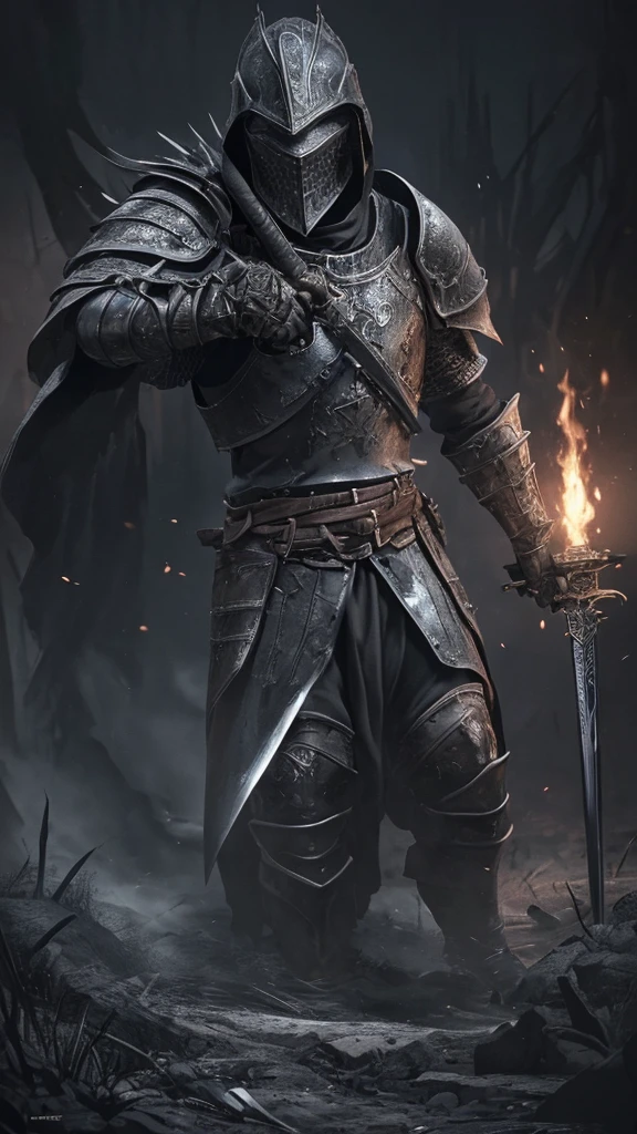 (8k unit wallpaper CG extremely detailed, masterpiece, best quality, ultra-detailed), (((solo))), ((wide shot:1.5)), (a paladin with a legendary sword), (themed background), medieval, magnificent scene, dark sinister environment, (dark Souls 3, illustrator, (best illustration)