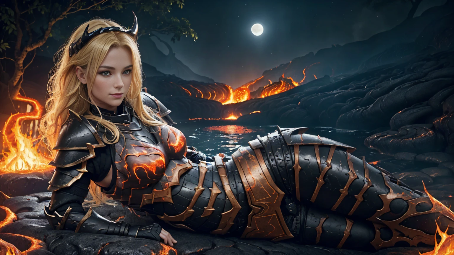 Against the backdrop of (lush jungle) and under the misty veil of (majestic waterfalls), the (radiant blonde warrior) sits on a rock, her gaze fixed directly on the camera lens. The (dark night sky) sparkles above, lit by the (fiery red moon). Red flames dance around her, casting a warm glow over her perfect physique. The (infernal bikini armor), adorned with highly detailed fire accentuates the perfect curves of her body. Her crown, made from infernal horns, sits atop her golden locks, as she sports a sultry smile. The gentle flow of the river creates a calming hum, while the warrior's confidence radiates through the cinematic frame. (Dark Armor, lava Armor, fire Armor:1.5)