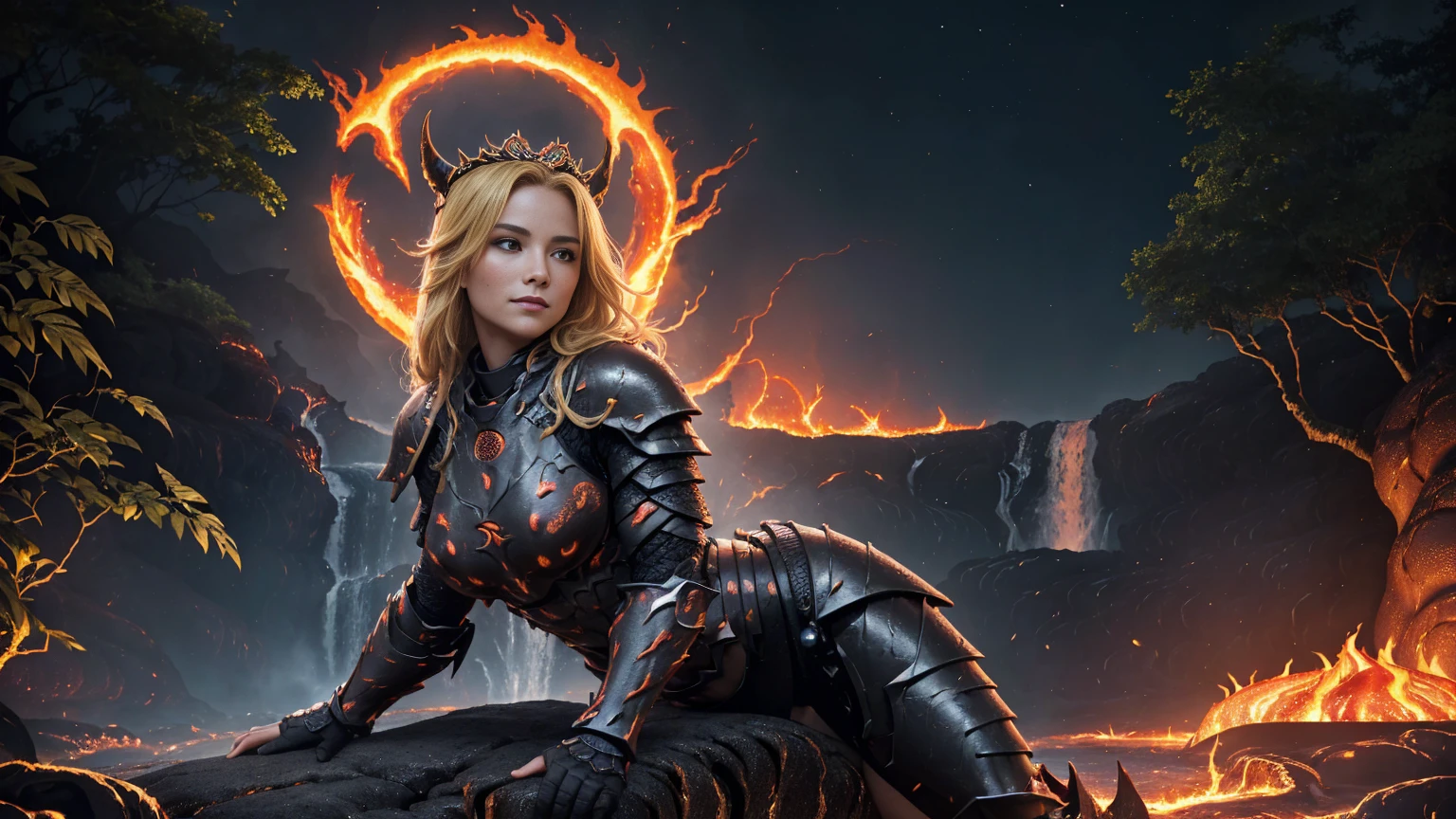 Against the backdrop of (lush jungle) and under the misty veil of (majestic waterfalls), the (radiant blonde warrior) sits on a rock, her gaze fixed directly on the camera lens. The (dark night sky) sparkles above, lit by the (fiery red moon). Red flames dance around her, casting a warm glow over her perfect physique. The (infernal bikini armor), adorned with highly detailed fire accentuates the perfect curves of her body. Her crown, made from infernal horns, sits atop her golden locks, as she sports a sultry smile. The gentle flow of the river creates a calming hum, while the warrior's confidence radiates through the cinematic frame. (Dark Armor, lava Armor, fire Armor:1.5)