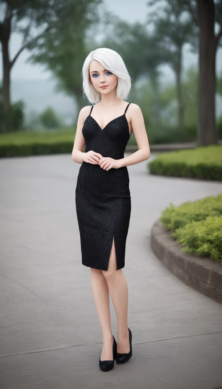 Very beautiful  girl, with white hair and white skin and blue eyes with a short black dress that shows her full body 