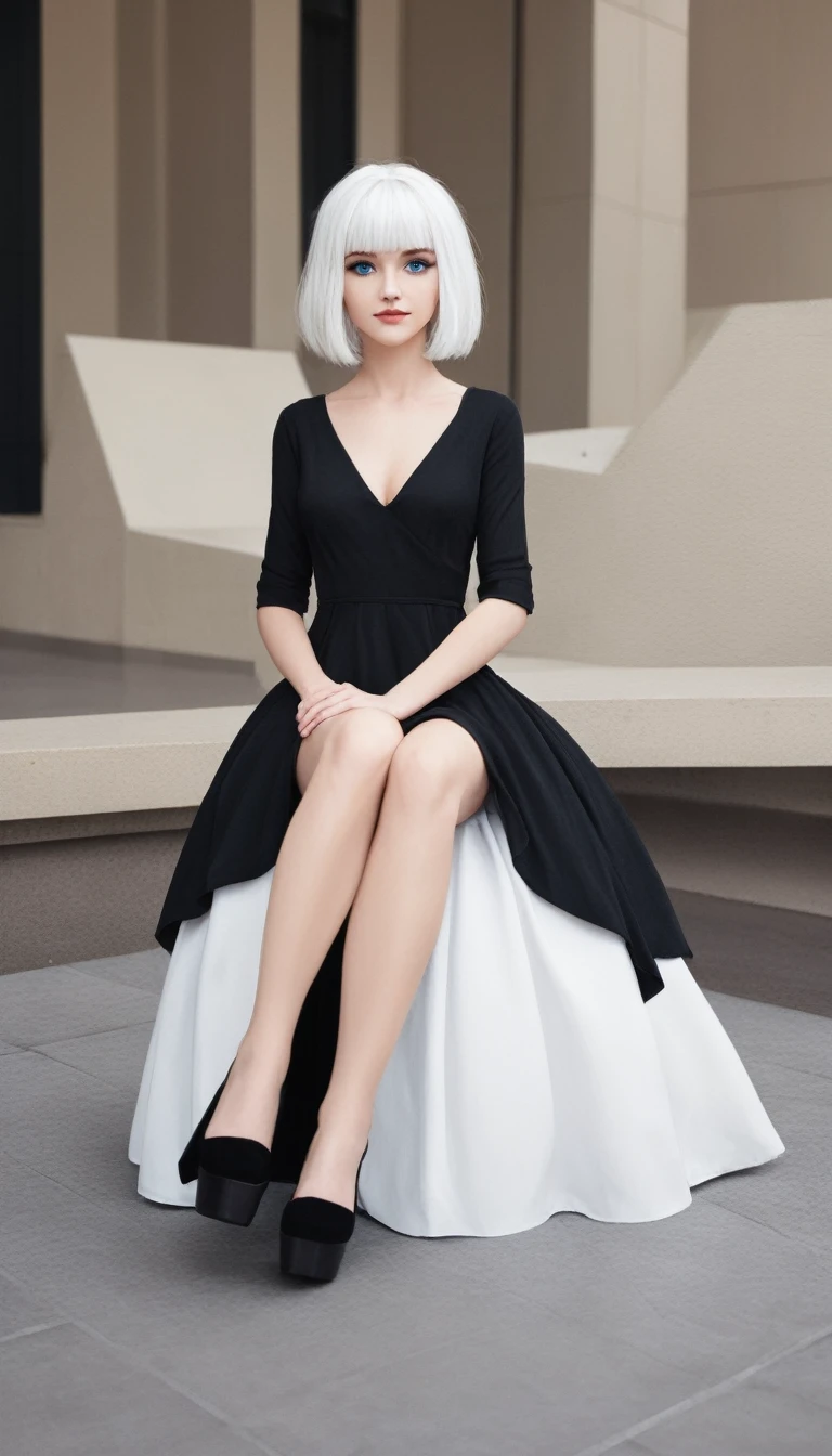 Very beautiful 15 year old girl, with white hair and white skin and blue eyes with a short black dress that shows her full body 