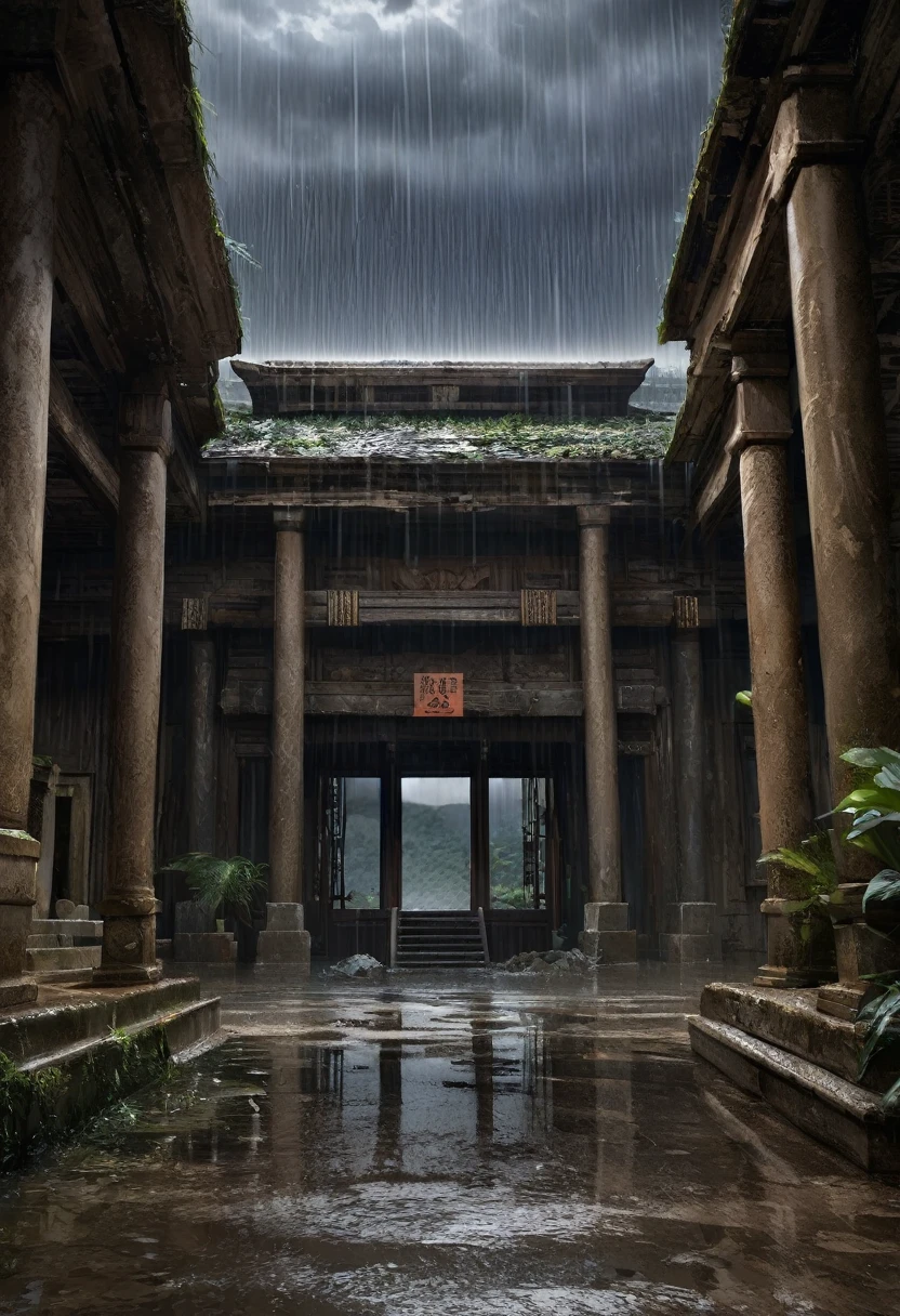 (best quality, masterpiece),( Dark sky, Heavy rain, Inside an abandoned temple, Low water level, ), Realistic background, 2112, Light*_Black_particle,