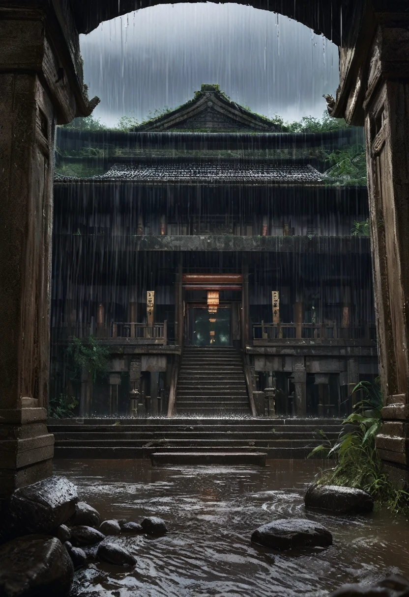 (best quality, masterpiece),( Dark sky, Heavy rain, Inside an abandoned temple, Low water level, ), Realistic background, 2112, Light*_Black_particle,