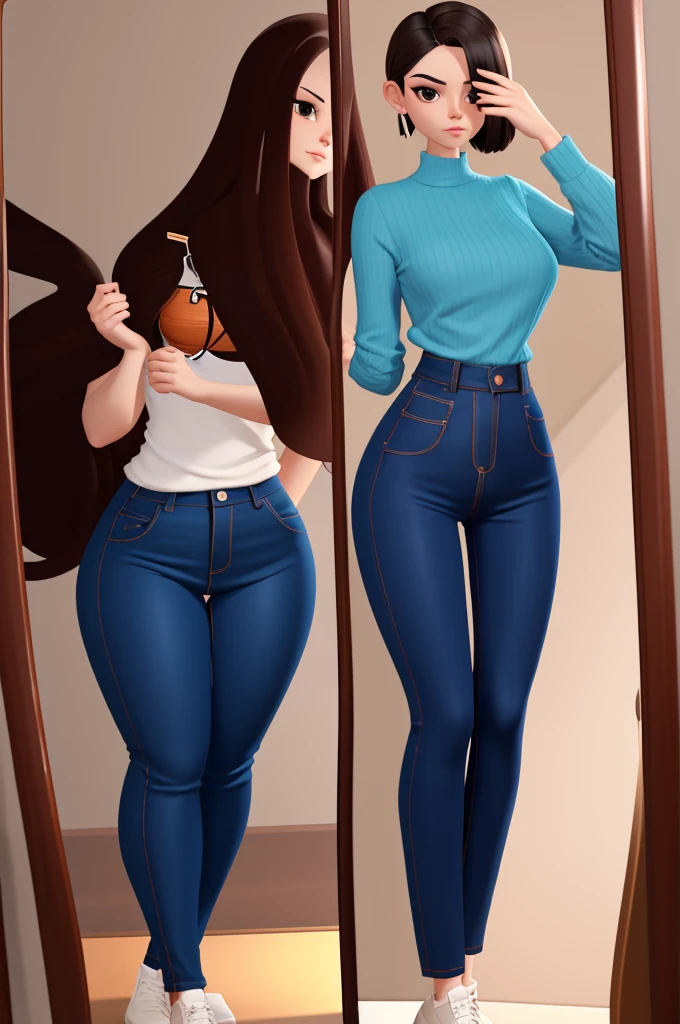 Woman with hair ball, very thin body, very thin legs, hourglass curves, Skinny body, curvy body, curvy figure, hourglass figure, Wide hips, thin legs, voluptuous body, beautiful curves, round ass, Casual clothes, wide trousers, top of pants clinging to your figure, short stature, Frontal, that is looking forward, in the mirror selfie