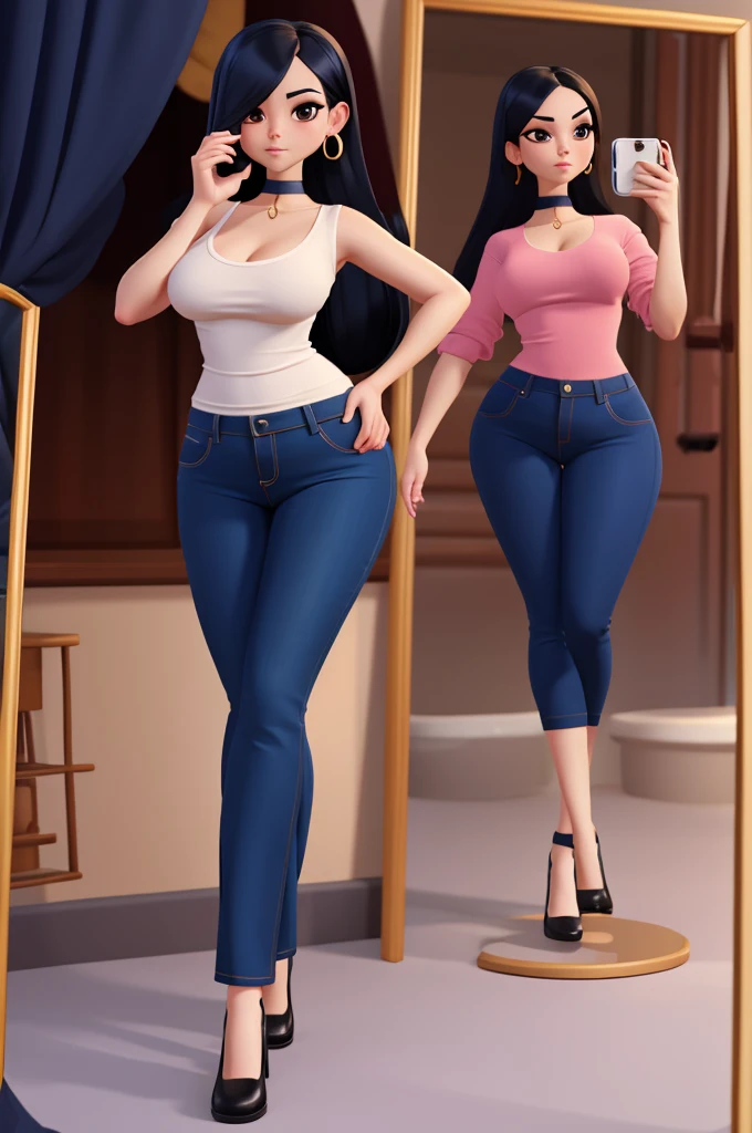 Woman with hair ball, very thin body, very thin legs, hourglass curves, Skinny body, curvy body, curvy figure, hourglass figure, Wide hips, thin legs, voluptuous body, beautiful curves, round ass, Casual clothes, wide trousers, top of pants clinging to your figure, short stature, Frontal, that is looking forward, in the mirror selfie