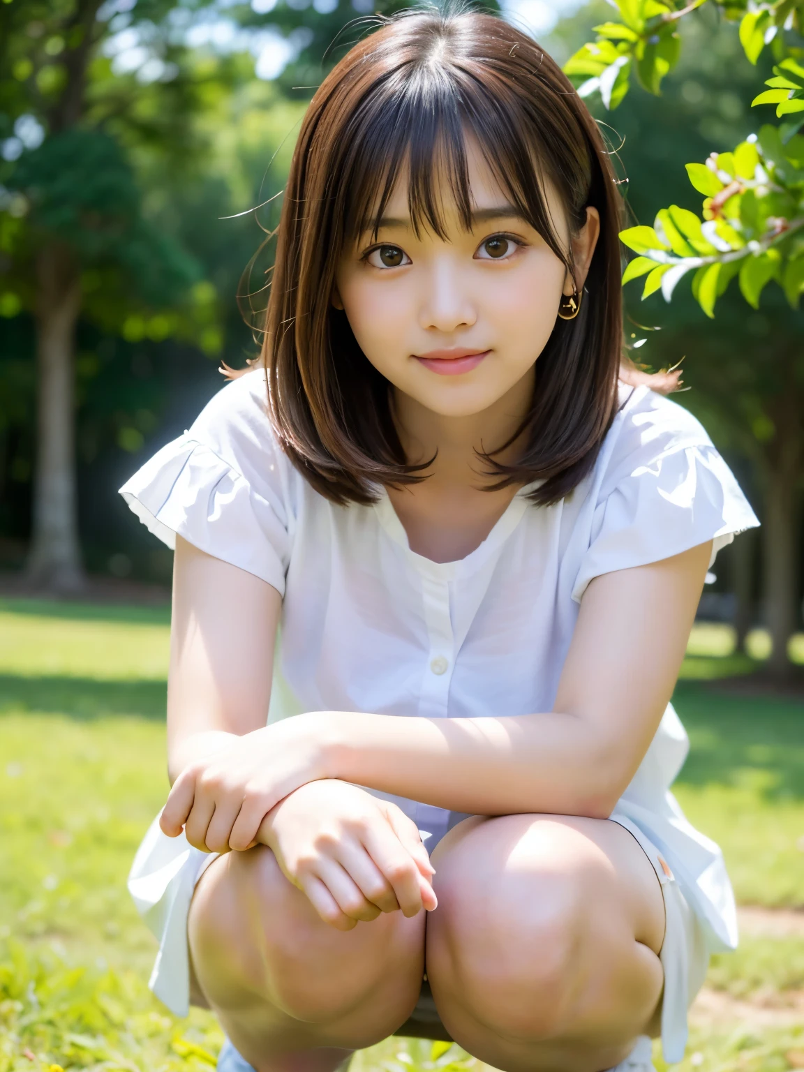 (Best-quality, Masterpiece, Ultra-High-Resolution, (Photorealistic:1.4), Raw-Photo, 64K, depth of field, professional lighting, perfect anatomy, extremely details), ((front view, from below):1.3), 1girl, -yeld, thost famous Japanese idol, squatting on park, wearing white casual-dress with cute-patterned, ((extremely cute and extremely big eyes)), ((extremely beautiful skins)), looking at viewer, innocent smile, ((showing yellow bloomers with cute-patterned):0.7)