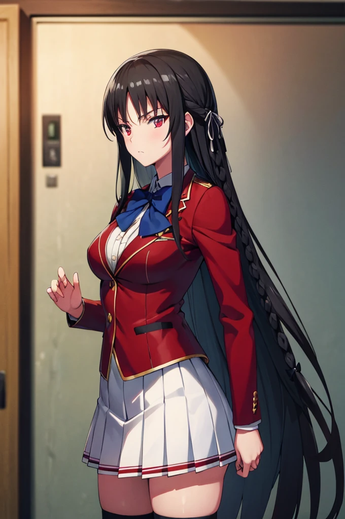 (masterpiece:1.3), (best quality:1.1), (8k, ultra detailed, ultra high res:1.2), ((anime style)), perfect 5 fingers, perfect anatomy, 
1girl,
Suzune Horikita, 
BREAK long hair, braid, 
black hair, 
red eyes, 
blue bow, 
(medium breasts:0.9), 
red jacket, long sleeves, white skirt, pleated skirt, (black thigh-high socks:1.1), 
looking at viewer, 
cowboy shot, standing, (hands on own hips1:1), 
perfect light, indoors, classroom, 