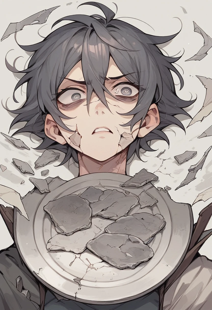 A woman with broken eyes that resemble broken plates the iris is split and cracked and her pupils look kinda distorted