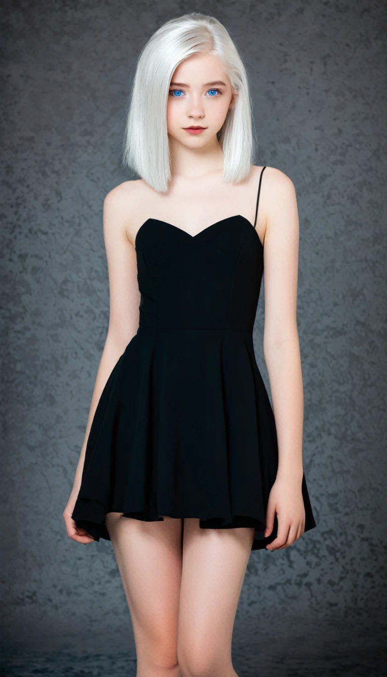 Very beautiful 15 year old girl, with white hair and white skin and blue eyes with a short black dress that shows her full body 