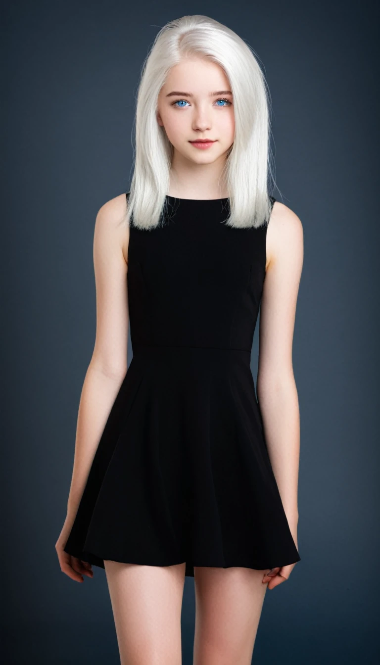 Very beautiful 15 year old girl, with white hair and white skin and blue eyes with a short black dress that shows her full body