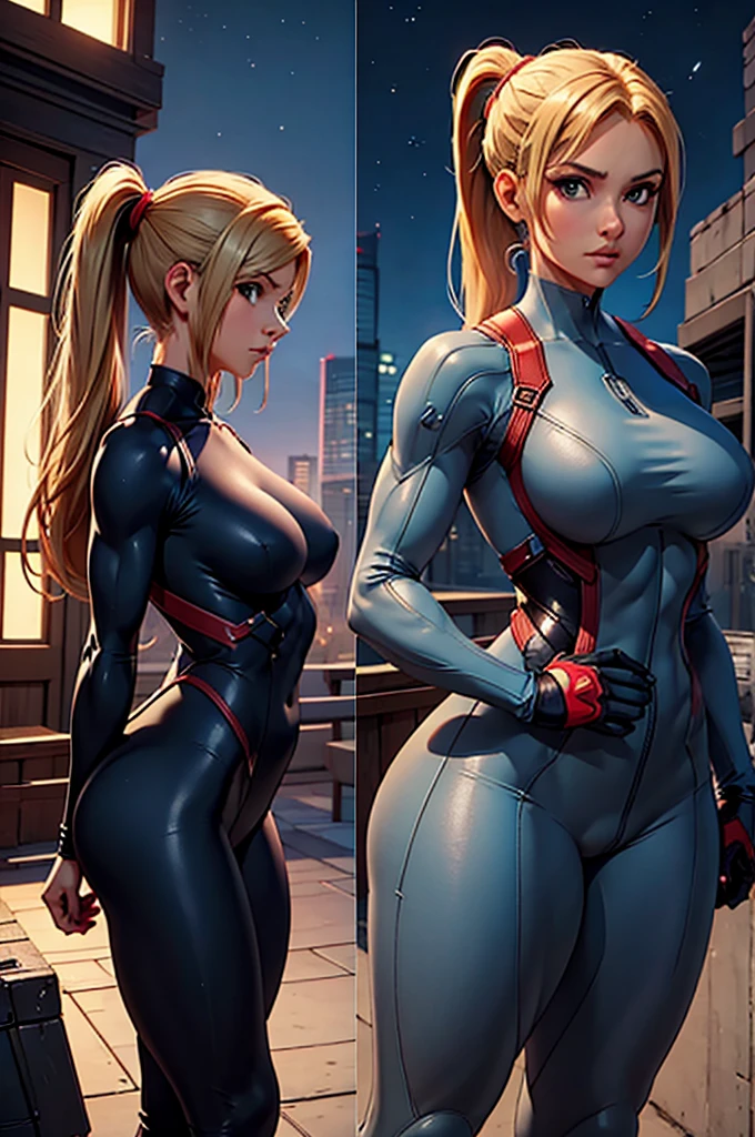 Samus Aran with hair pulled back in a ponytail with large breast and big ass in gray armor bodysuit standing on the roof at night