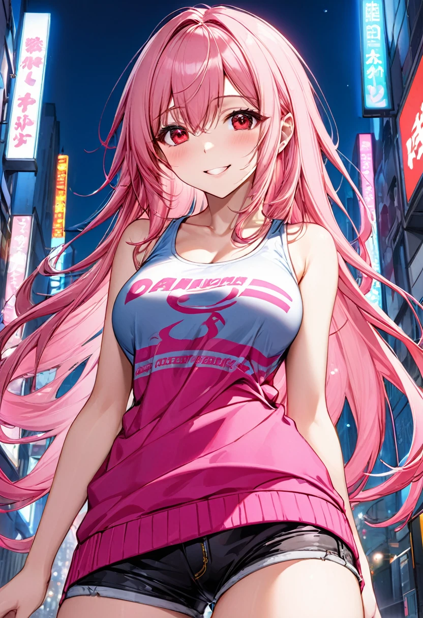 (pink style) (in a sexy Tank top, Hot pants), (solo:2, 18 yo, straight pink hair long hair cool dominance girl, detailed cool red eyes, ecstasy smile, big tits), in the pop city, BREAK, perfect anatomy, masterpiece, best quality, 16k, beautiful detailed grow, daydreaming expression.