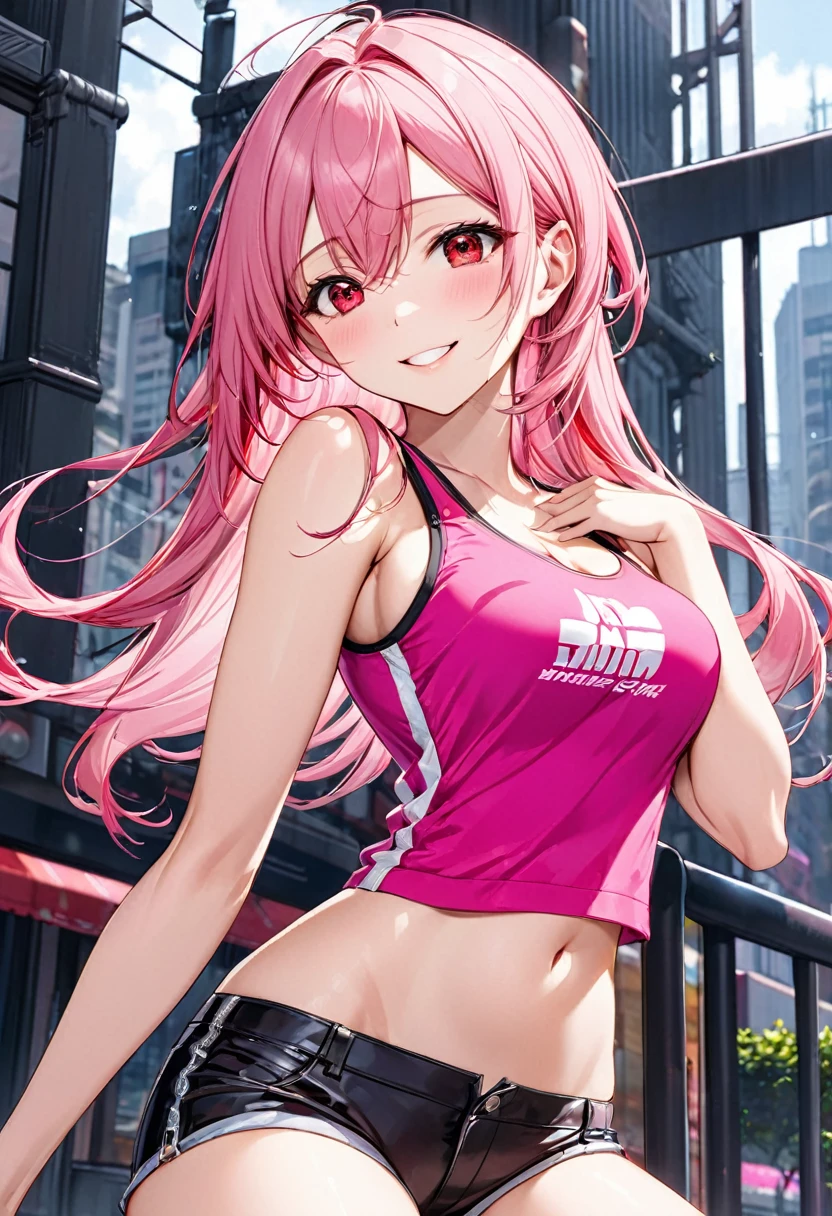 (pink style) (in a sexy Tank top, Hot pants), (solo:2, 18 yo, straight pink hair long hair cool dominance girl, detailed cool red eyes, ecstasy smile, big tits), in the pop city, BREAK, perfect anatomy, masterpiece, best quality, 16k, beautiful detailed grow, daydreaming expression.