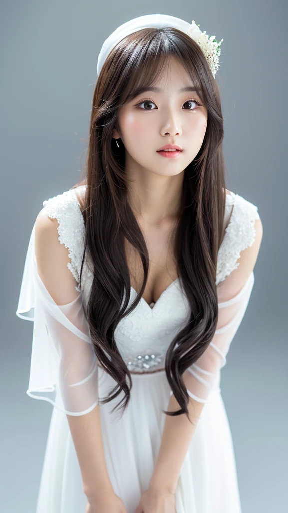 (Detailed face),((Are standing)),between legs,chest,cute,(chestが隠れている)white((formal))Clothes,4K,Ultra-high resolution,(Photorealistic:1.7),Gray background,Long Hair,No sleeve,