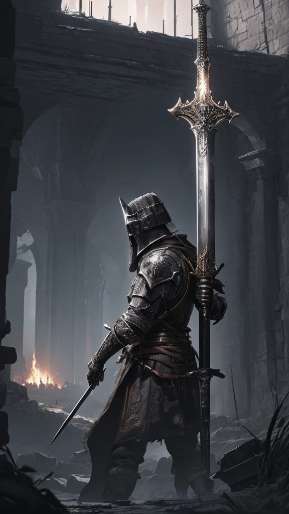 (8k unit wallpaper CG extremely detailed, masterpiece, best quality, ultra-detailed), (((solo))), ((wide shot:1.5)), (a paladin with a legendary sword), (themed background), medieval, magnificent scene, dark sinister environment, (dark Souls 3, illustrator, (best illustration)