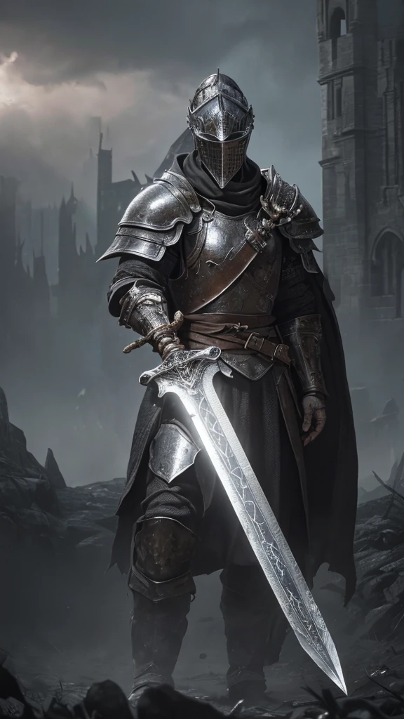 (8k unit wallpaper CG extremely detailed, masterpiece, best quality, ultra-detailed), (((solo))), ((wide shot:1.5)), (a paladin with a legendary sword), (themed background), medieval, magnificent scene, dark sinister environment, (dark Souls 3, illustrator, (best illustration)