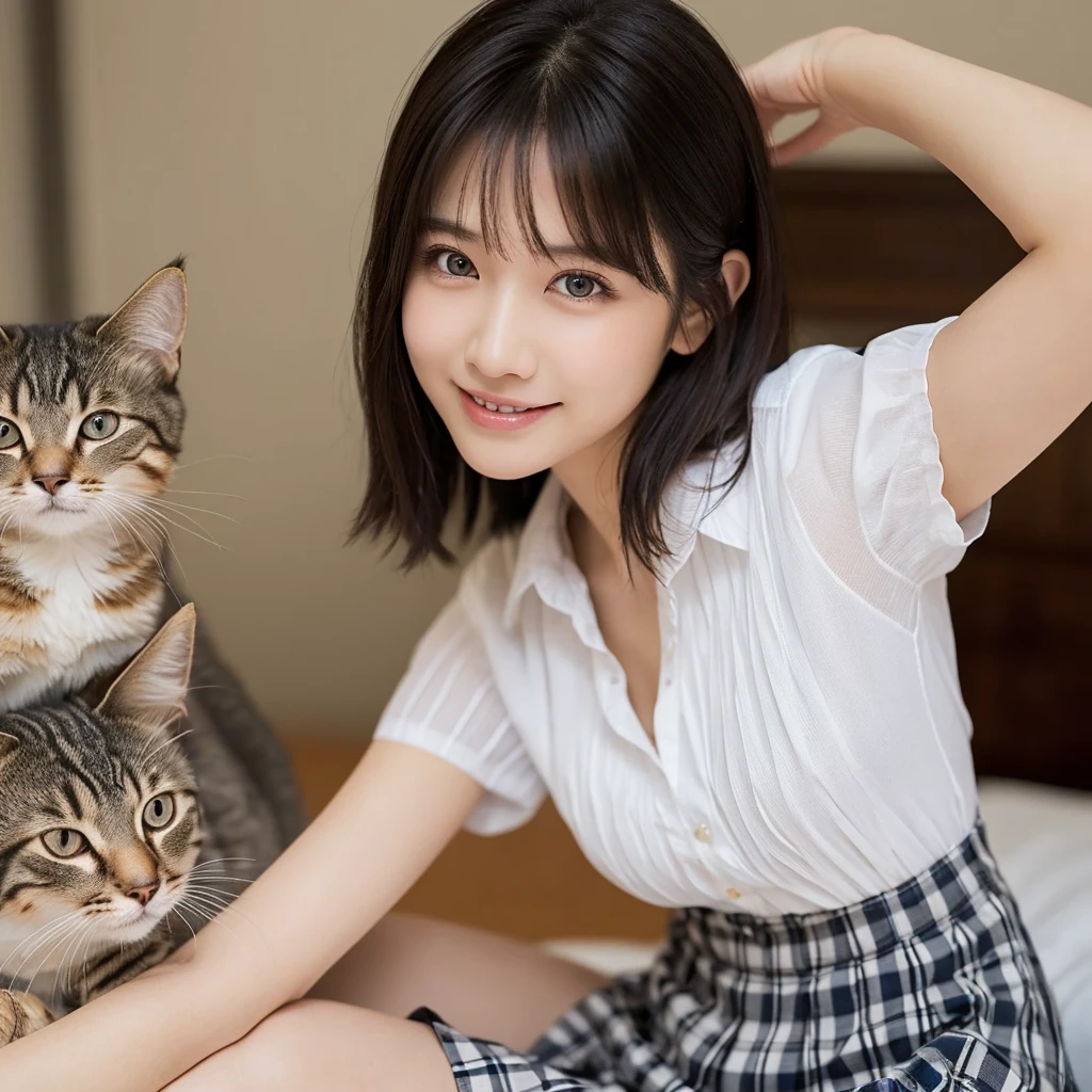 (Highest quality: 1.5), (Realistic: 1.5), (1 person: 1.5), Very detailed, High resolution, 8K,Natural color lips, Cute Smile, Japanese women, 20-year-old girl, Beautiful and elegant features, Perfect and beautiful face, Balanced big eyes, Beautiful and elegant features, Natural double eyelids, Natural Bangs, Beautiful thin nose, Beautiful Skin, Medium Bob Hair , Natural Bangs , Perfect and beautiful face, Slim face and figure, (Looking at the camera with a sweet smile), Bright lighting, Professional Lighting, Forward lighting, Beautiful feet: 1.2, Smooth Skin, Slender body, Slim waistline, slim thin thighs, Cleavage, Detailed clothing, (Short sleeve dress shirt:1.5), (Pleated skirt:1.5), Checkered Pleated Micro Mini Skirt, Short sleeve dress shirt, Ultra HD, Realistic, bedroom, Frolic with cats, Playing with cats,Holding a cat, Holding a cat,Pick up the cat