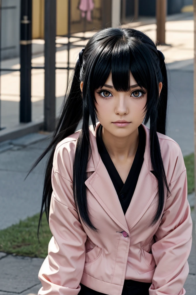 A bungōu stray dogs character with long black hair and bangs, with pastel pink pupils in .
