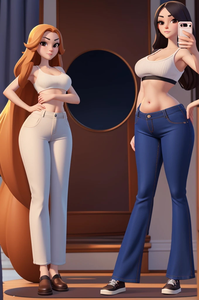 A woman with hair ball, very thin body, very thin legs, hourglass curves, Skinny body, curvy body, curvy figure, hourglass figure, Wide hips, thin legs, voluptuous body, beautiful curves, round ass, Casual clothes, wide trousers, top of pants clinging to your figure, short stature, Frontal, that is looking forward, in the mirror selfie