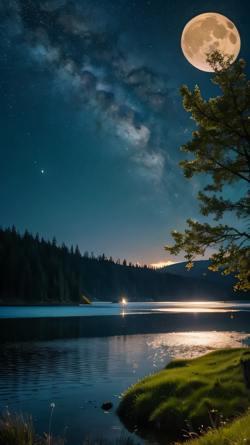 masterpiece, high quality,Low Light,Lake in the forest,[Dark Night,shooting star,flower ],moon, No humans, Realistic, 