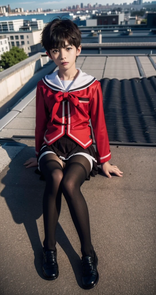 1 little boy，Shota，No makeup，short hair，Cover your skirt with your hands，Male characteristics，Unique的，face to face audience，full-body shot，Red JK，miniskirt，Black pantyhose，Sailor Suit，Sitting，Unique ，roof，City background，Rooftop，Keep your legs together，8K