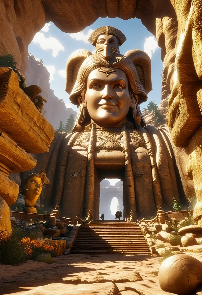 There is a huge wooden statue in the middle of the narrow canyon, Unreal Engine 5 Rendering, Inspired by Ras Akyem, giant gold head statue ruins, Video Game Screenshots>, Music video screenshot, author：Thomas Crane, giant majestic archways, Inspired by ferdinand knab