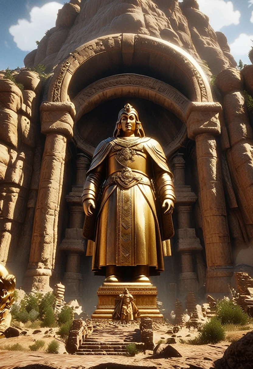 There is a huge wooden statue in the middle of the narrow canyon, Unreal Engine 5 Rendering, Inspired by Ras Akyem, giant gold head statue ruins, Video Game Screenshots>, Music video screenshot, author:Thomas Crane, giant majestic archways, Inspired by ferdinand knab