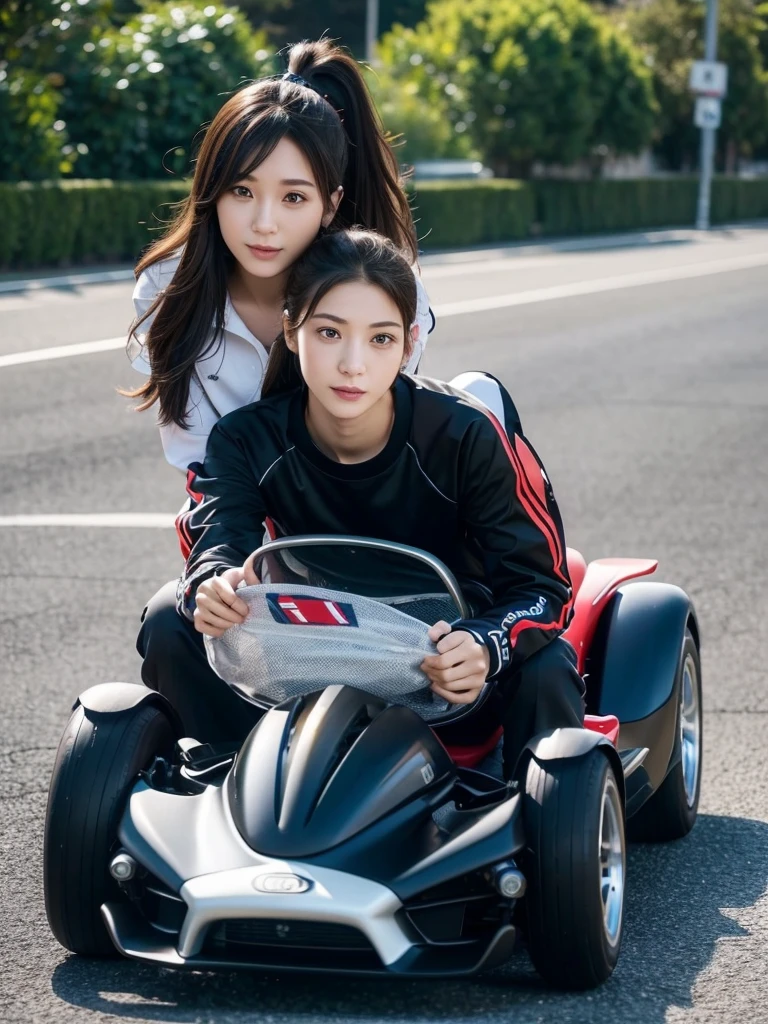 Racing Kart、circuit、Running、Take the wheel、Drive through the curves、(Highest quality)、((Very detailed))、4K、(8K)、masterpiece、Very detailedな、Highest quality、Super Resolution、1 person、Kind Face、Soft Light、RAW quality、Soft Skin、163cm、30 years old、whole body