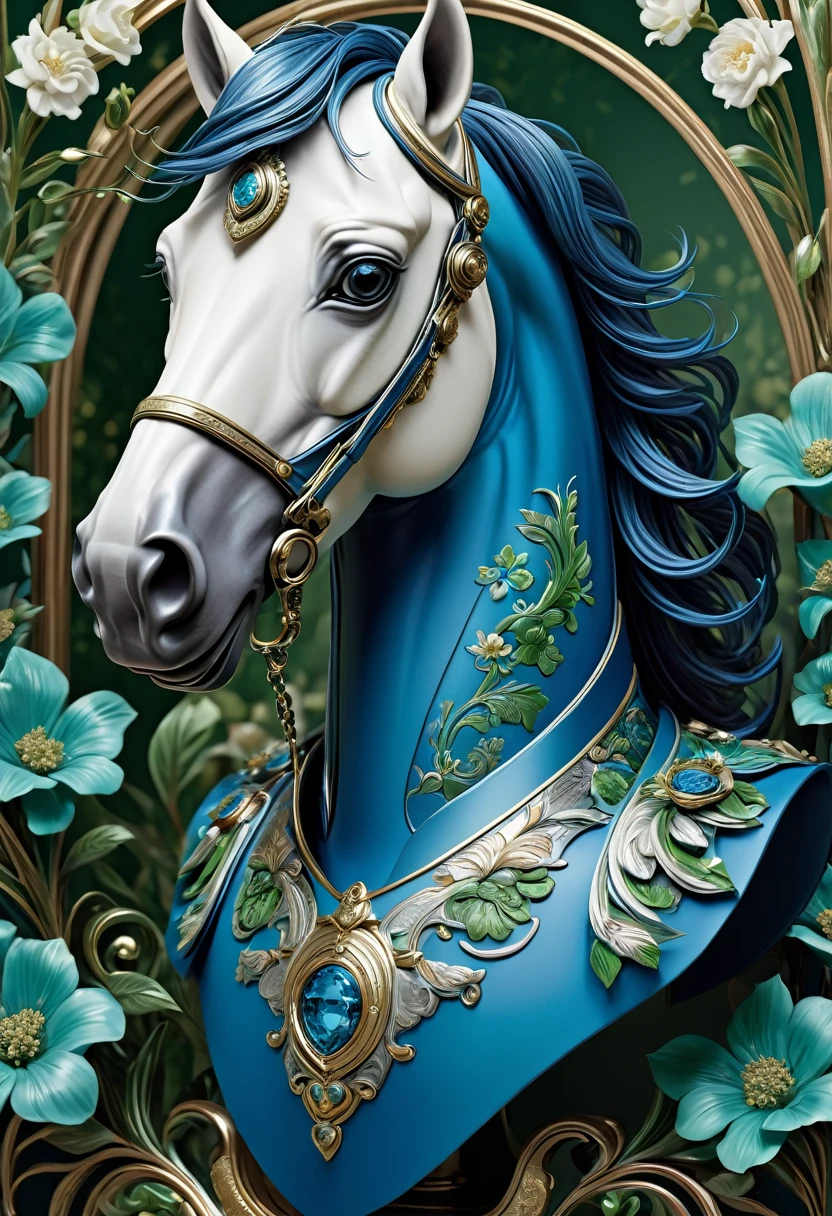 Mechanical horse head,lifelike,Anthropomorphic horses,Character setting,Ultra-detailed graphics,Delicate face,8K,magazine cover,Floral background decoration,Strong color contrast,Darker color,Blue, green and white