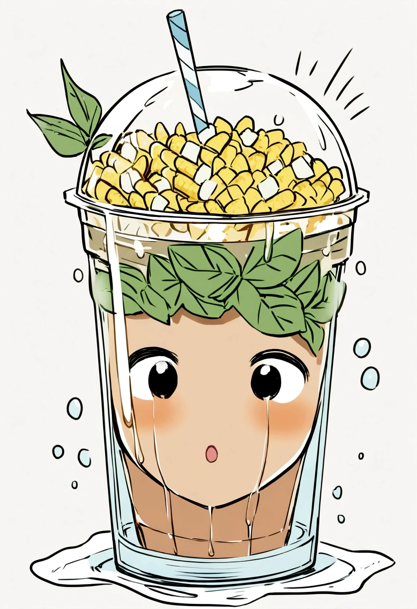 surreal.large plastic cup filled.with iced.corn 
visible ice cubes.mint leaves.bacground grend with water splash.the plastic cup has the word 
es jagung bunda alma.with the appropriate font
beside the plastic cup.there was a surprised person