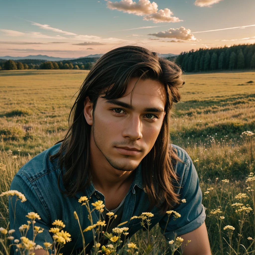 A realistic, insanely handsome happy bohemian man, short windy hair, full length, highly detailed face, nature background at sunrise, detailed body, highly detailed, soft colors, porcelain skin, elegant, golden ratio, light brown hair, short windy hair, extremely handsome detailed eyes, bright colors, rainbow hair, giving a sense of isolation and introspection, backlighting, hasselblad helios 48mm F2