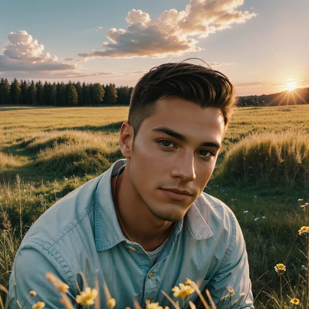 film photography style a handsome young man looking at camera in a meadow at golden hour with fluffy clouds in the background, portrait,