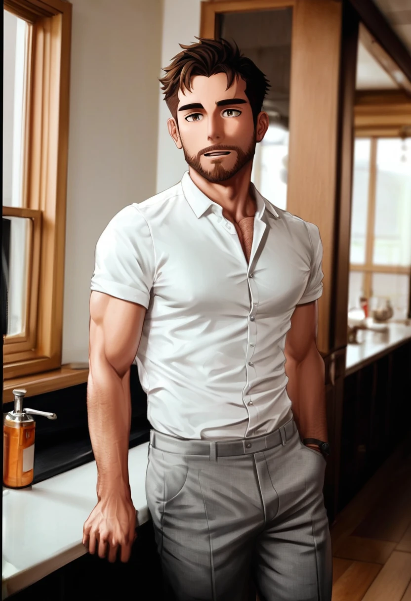 arafed man in a white shirt and grey pants standing in a kitchen, handsome and attractive, handsome male, wearing a white button up shirt, handsome and elegant, handsome man, wearing white shirt, wearing a white shirt, clothed in white shirt, wearing a shirt with a tie, maxim shirkov, attractive and good looking, white dress shirt