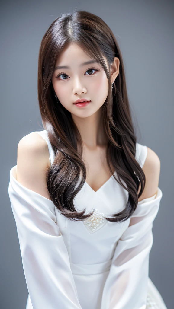 (Detailed face),((Are standing)),between legs,cute,(chestが隠れている)white((formal))Clothes,4K,Ultra-high resolution,(Photorealistic:1.7),Gray background,Long Hair,No sleeve,chest,