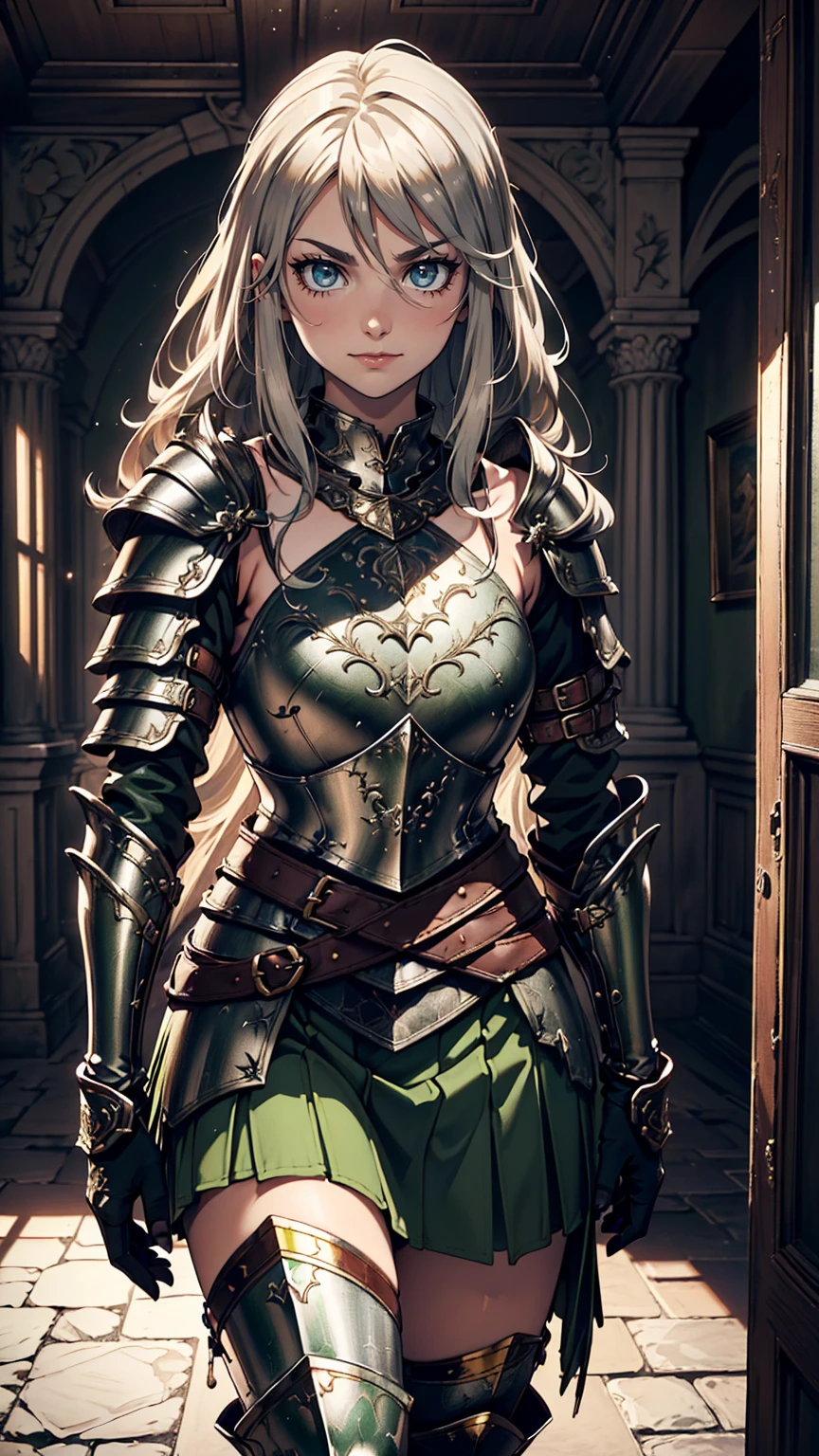 最high quality、Ultra High Definition, Ultra High Quality, Hyper Definition, Hyper Quality, Hyper Detailed, Extremely Detailed, Perfectly Detailed, Best image quality、masterpiece、woman((20-year-old、super dynamic pose , Green solid eyes, Silver long Hair、Disheveled Hair、Long White Hair、thin, Glove、Green Skirt, Noble Armor, Smirk、Detailed Cuirass , Dressed in Full Coverage Noble Plate Armor, leg armor)),high quality、Beautiful art、background((Inside the mansion))、Written boundary depth、 movie、Visual Arts、Perfect art、8K,Genuine、
