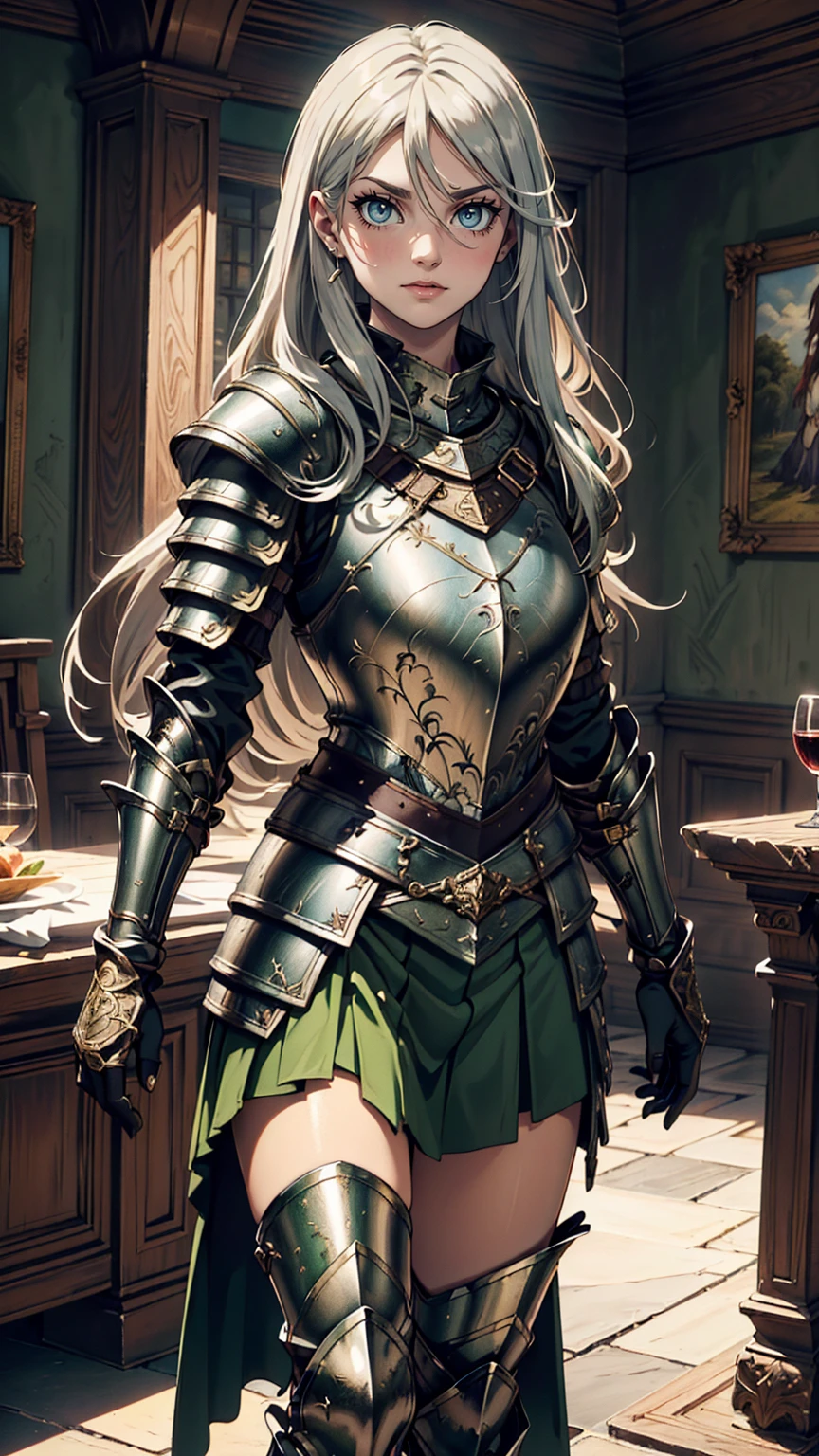 最high quality、Ultra High Definition, Ultra High Quality, Hyper Definition, Hyper Quality, Hyper Detailed, Extremely Detailed, Perfectly Detailed, Best image quality、masterpiece、woman((20-year-old、super dynamic pose , Green solid eyes, Silver long Hair、Disheveled Hair、Long White Hair、thin, Glove、Green Skirt, Noble Armor, Smirk、Detailed Cuirass , Dressed in Full Coverage Noble Plate Armor, leg armor)),high quality、Beautiful art、background((Inside the mansion))、Written boundary depth、 movie、Visual Arts、Perfect art、8K,Genuine、
