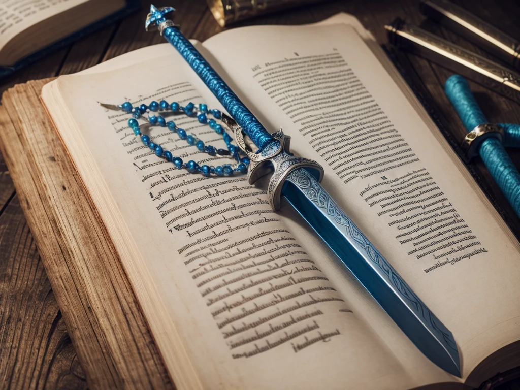 create a logo with a bible and in the middle of the bible a sword with blue gems and writing:Inspiring Stories of Faith.