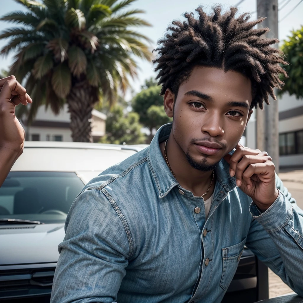 Generate a realistic image of a young person of African descent, with medium afro hair. apparent age of 32 years old, brawny, that conveys charisma and striking presence. He is an influencer known for his captivating personality and unique style..