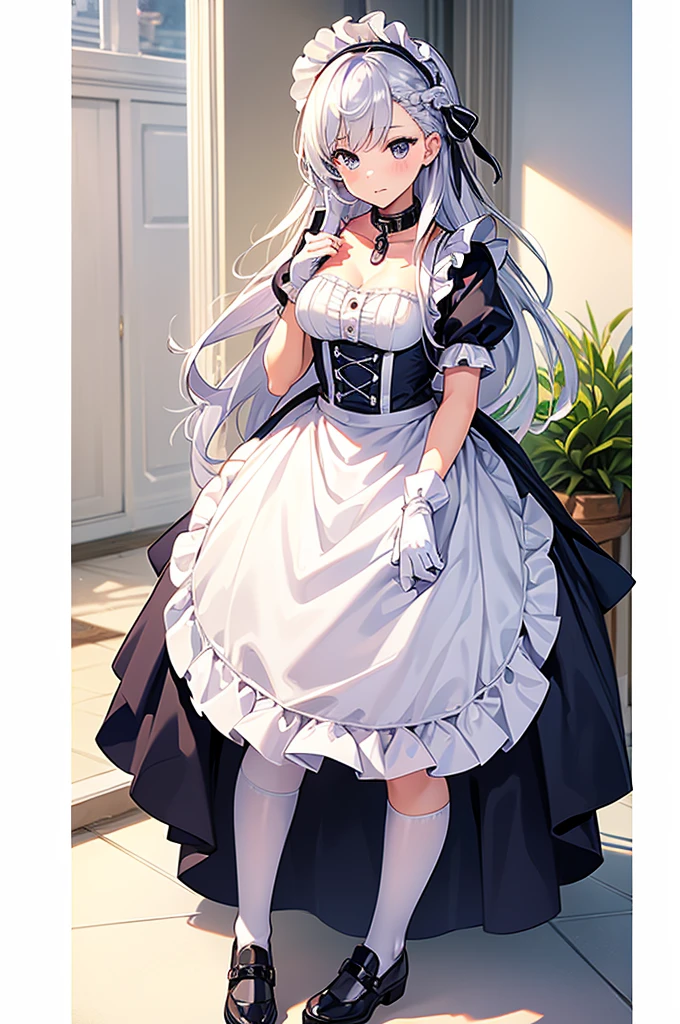 (full body:1.3), best quality, masterpiece, ultra detailed, detailed, hyper detailed, White background, Beautiful standing figure, (masterpiece, Highest quality:1.2),figure,8K,High resolution,One girl,alone,very_length_hair,big_chest,white_hair,前hair,chestの谷間,Braiding,green_eye,French_Braiding,collarbone,purple_eye,Lock,collar,dress,Frills,Maid,Maid_headdress,white_gloves,white_Knee socks,Maid_apron,white_apron,Frillsの_apron,gray_hair,Frillsの_gloves,greenい夏の空,Washing,hold the sheet in your hand,Respect,