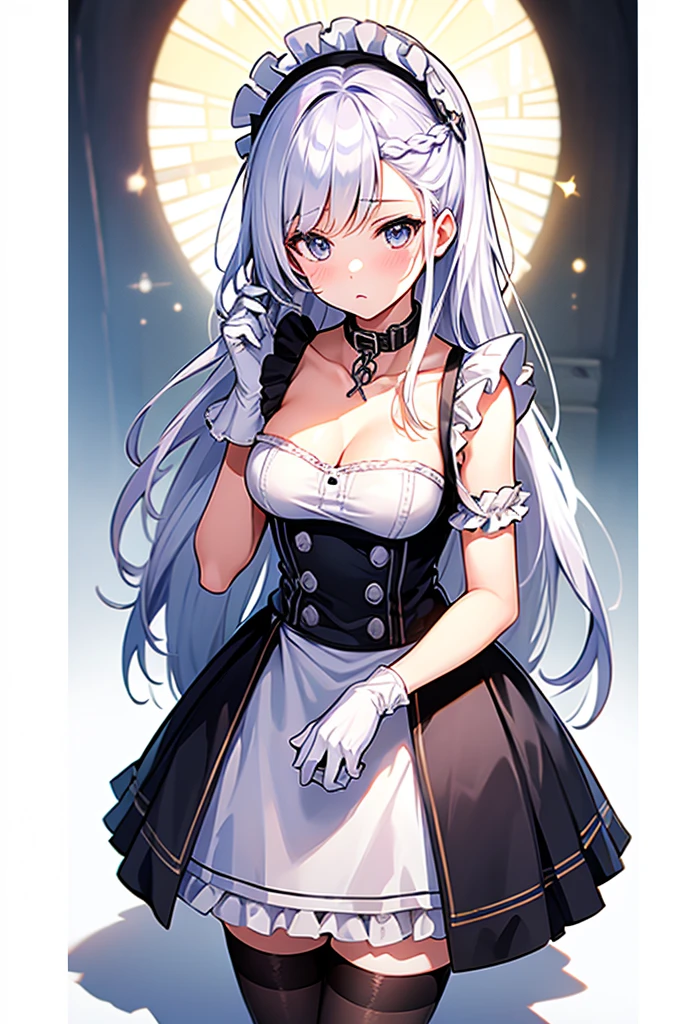 (full body:1.3), best quality, masterpiece, ultra detailed, detailed, hyper detailed, White background, Beautiful standing figure, (masterpiece, Highest quality:1.2),figure,8K,High resolution,One girl,alone,very_length_hair,big_chest,white_hair,前hair,chestの谷間,Braiding,green_eye,French_Braiding,collarbone,purple_eye,Lock,collar,dress,Frills,Maid,Maid_headdress,white_gloves,white_Knee socks,Maid_apron,white_apron,Frillsの_apron,gray_hair,Frillsの_gloves,greenい夏の空,Washing,hold the sheet in your hand,Respect,