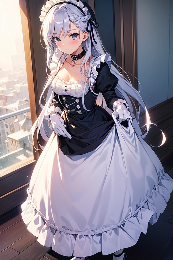 (full body:1.3), best quality, masterpiece, ultra detailed, detailed, hyper detailed, White background, Beautiful standing figure, (masterpiece, Highest quality:1.2),figure,8K,High resolution,One girl,alone,very_length_hair,big_chest,white_hair,前hair,chestの谷間,Braiding,green_eye,French_Braiding,collarbone,purple_eye,Lock,collar,dress,Frills,Maid,Maid_headdress,white_gloves,white_Knee socks,Maid_apron,white_apron,Frillsの_apron,gray_hair,Frillsの_gloves,greenい夏の空,Washing,hold the sheet in your hand,Respect,