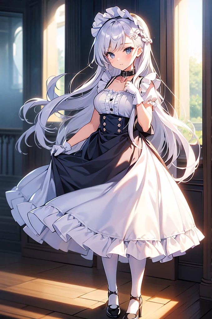 (full body:1.3), best quality, masterpiece, ultra detailed, detailed, hyper detailed, White background, Beautiful standing figure, (masterpiece, Highest quality:1.2),figure,8K,High resolution,One girl,alone,very_length_hair,big_chest,white_hair,前hair,chestの谷間,Braiding,green_eye,French_Braiding,collarbone,purple_eye,Lock,collar,dress,Frills,Maid,Maid_headdress,white_gloves,white_Knee socks,Maid_apron,white_apron,Frillsの_apron,gray_hair,Frillsの_gloves,greenい夏の空,Washing,hold the sheet in your hand,Respect,