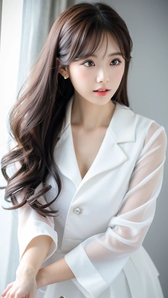 (Detailed face),((Are standing)),between legs,cute,(chestが隠れている)white((formal))Clothes,4K,Ultra-high resolution,(Photorealistic:1.7),Gray background,Long Hair,No sleeve,chest,