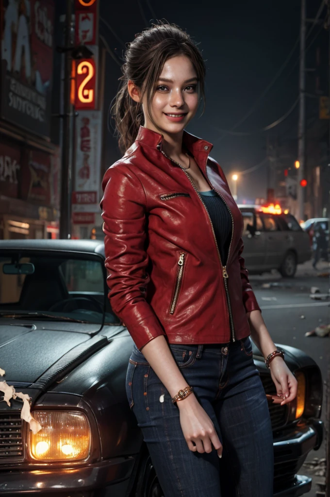 1girl, (realistic),(hyperrealism),(best quality),(masterpiece),(ultra high res),(photorealistic),idol,eye makeup,detailed eyes,detailed face,black dress, claireredfield2, brown hair, (red jacket:1.2), ponytail, (denim pants:1.3),, red wristband,, abandoned street, burning cars in background, littered street, smoke, chaos, zombie apocalypse, daytime, sunny,, flirting, looking at viewer, smiling, closeup shot
