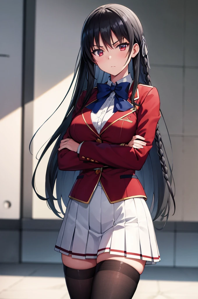 (masterpiece:1.3), (best quality:1.1), (8k, ultra detailed, ultra high res:1.2), ((anime style)), perfect 5 fingers, perfect anatomy,
1girl,
Suzune Horikita,
BREAK long hair, braid,
black hair,
red eyes,
blue bow,
(medium breasts:0.9),
red jacket, long sleeves, white skirt, pleated skirt, (black thigh-high socks:1.1),
BREAK looking at viewer,
cowboy shot, standing, (crossed arms:1.1),
perfect light, indoors, inside, classroom,
