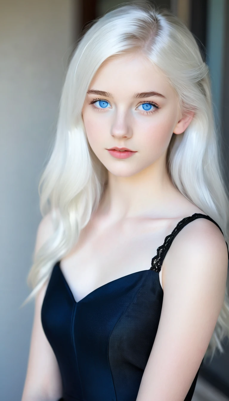 Very beautiful 15 year old girl, with white hair and white skin and blue eyes with a short black dress that shows her full body 